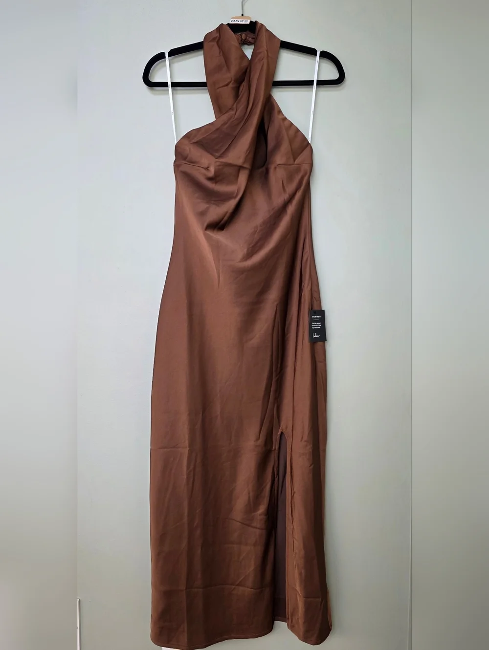 Lulus L Beyond Classy Brown Satin Halter Backless Midi Dress, Size Large - Picture 5 of 12